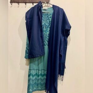 MARIA. B. Teal Shirt with Navy Blue Pants and Shawl